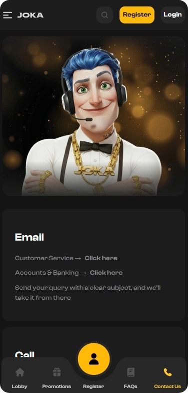 Page de contact du support Joka Casino