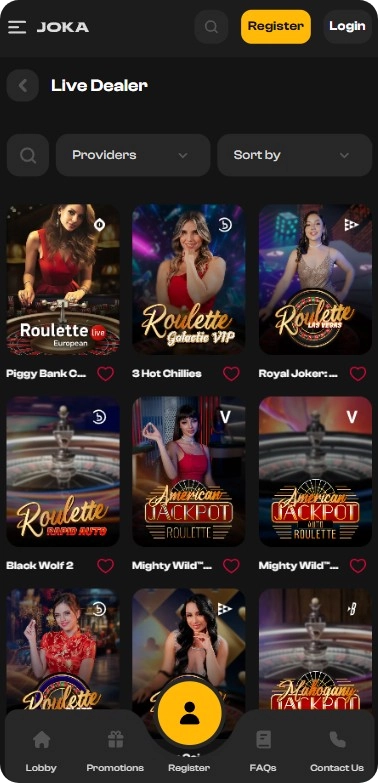 Tables de live casino sur Joka