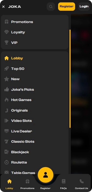 Menu de navigation de Joka Casino
